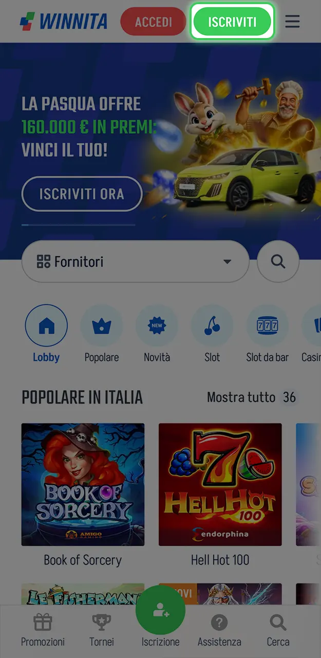 Crea un nuovo account per inserire il codice su Winnita.